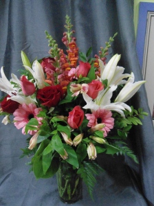 Rose and white lily arrangement